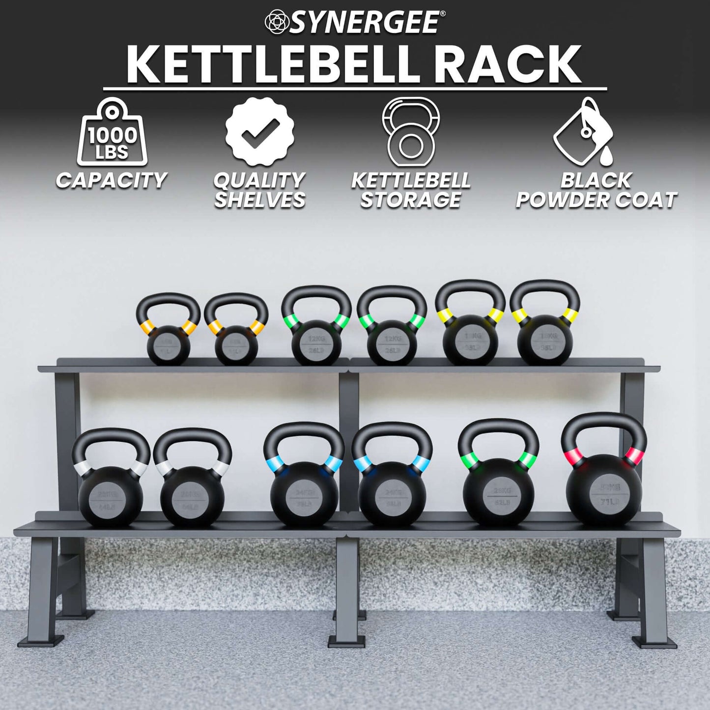 Kettlebell Storage Rack-front view with kettlebells