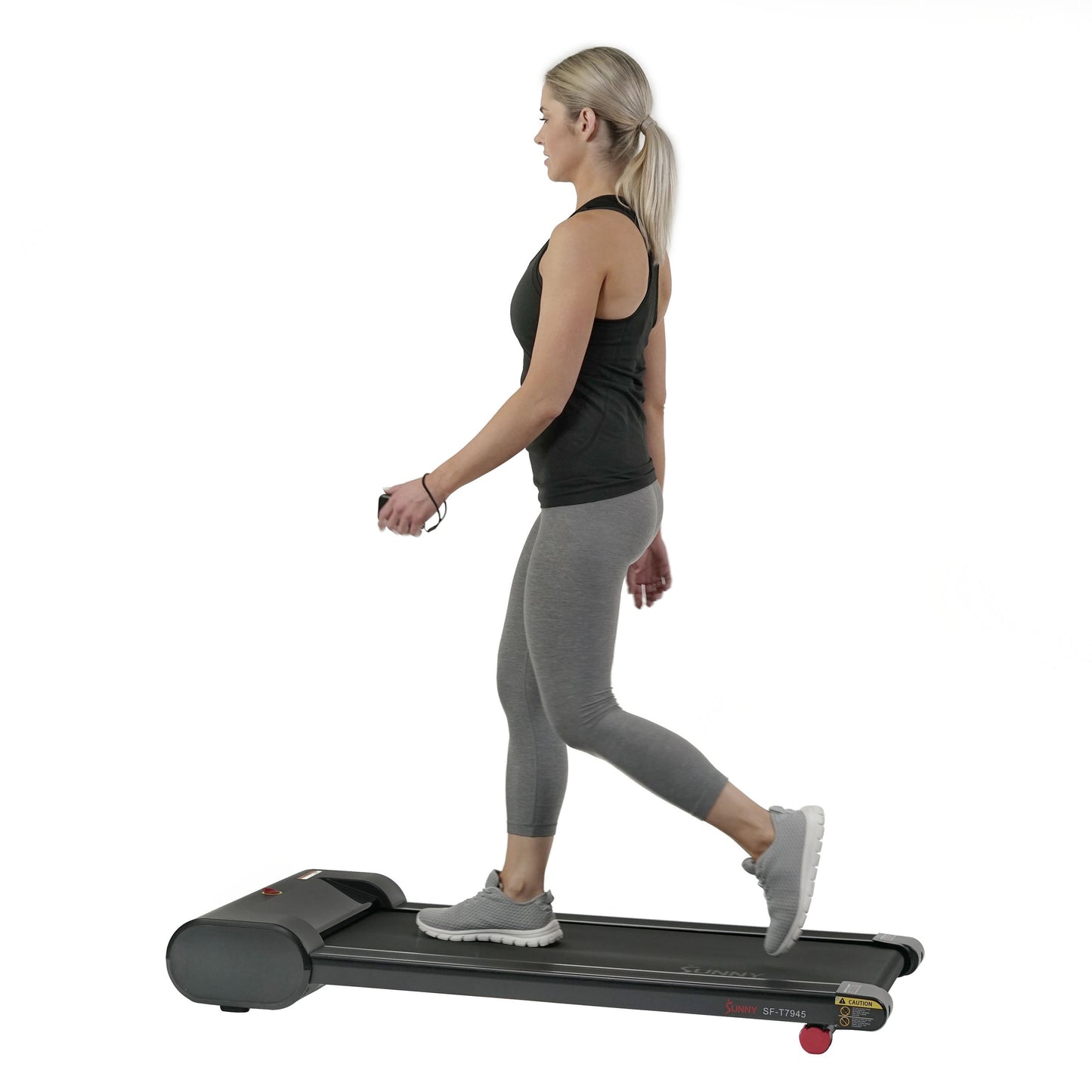 Sunny Health & Fitness Walkstation Slim Flat Tread Mill for Home & Office-side view with model