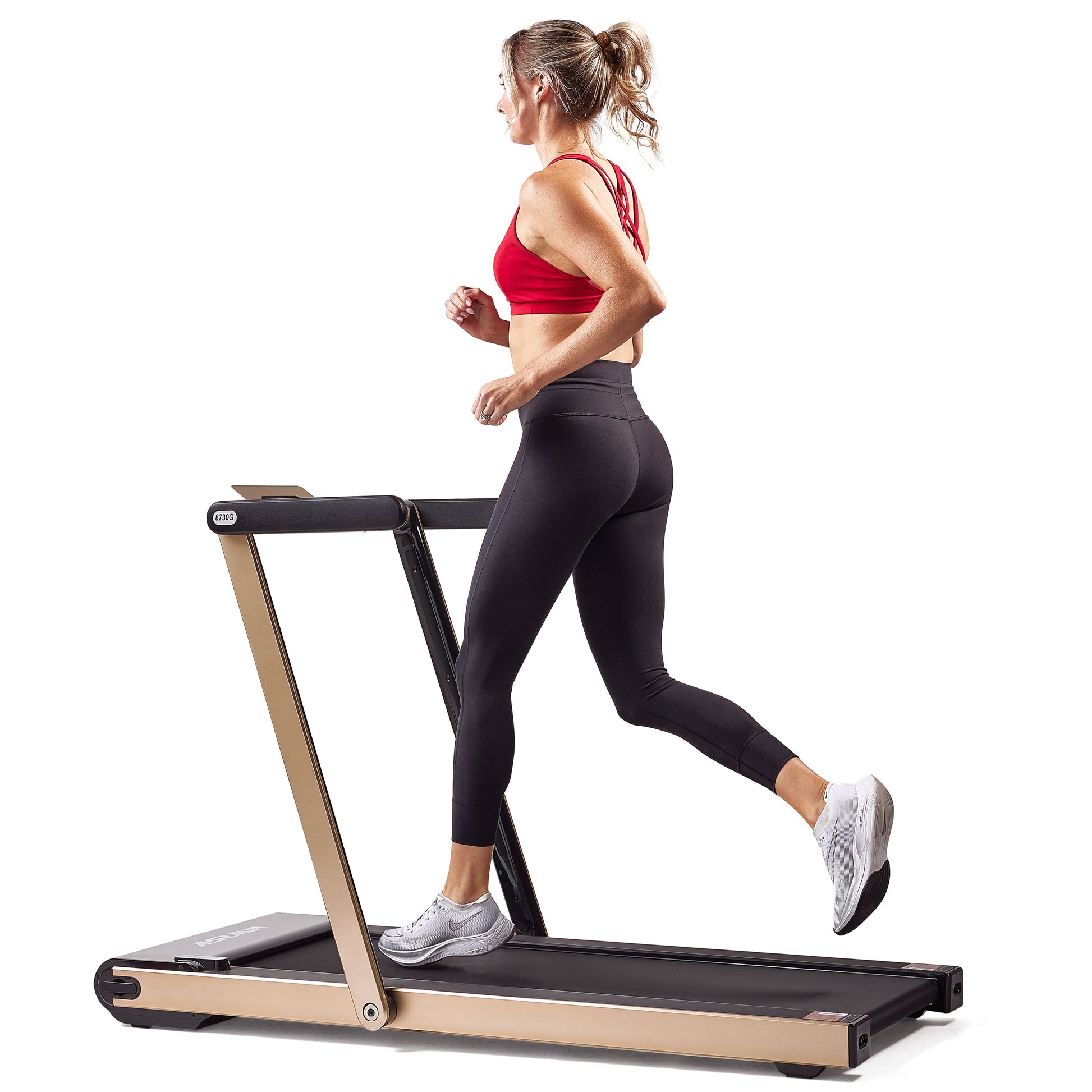 ASUNA Slim Folding Motorized Treadmill-side view with model
