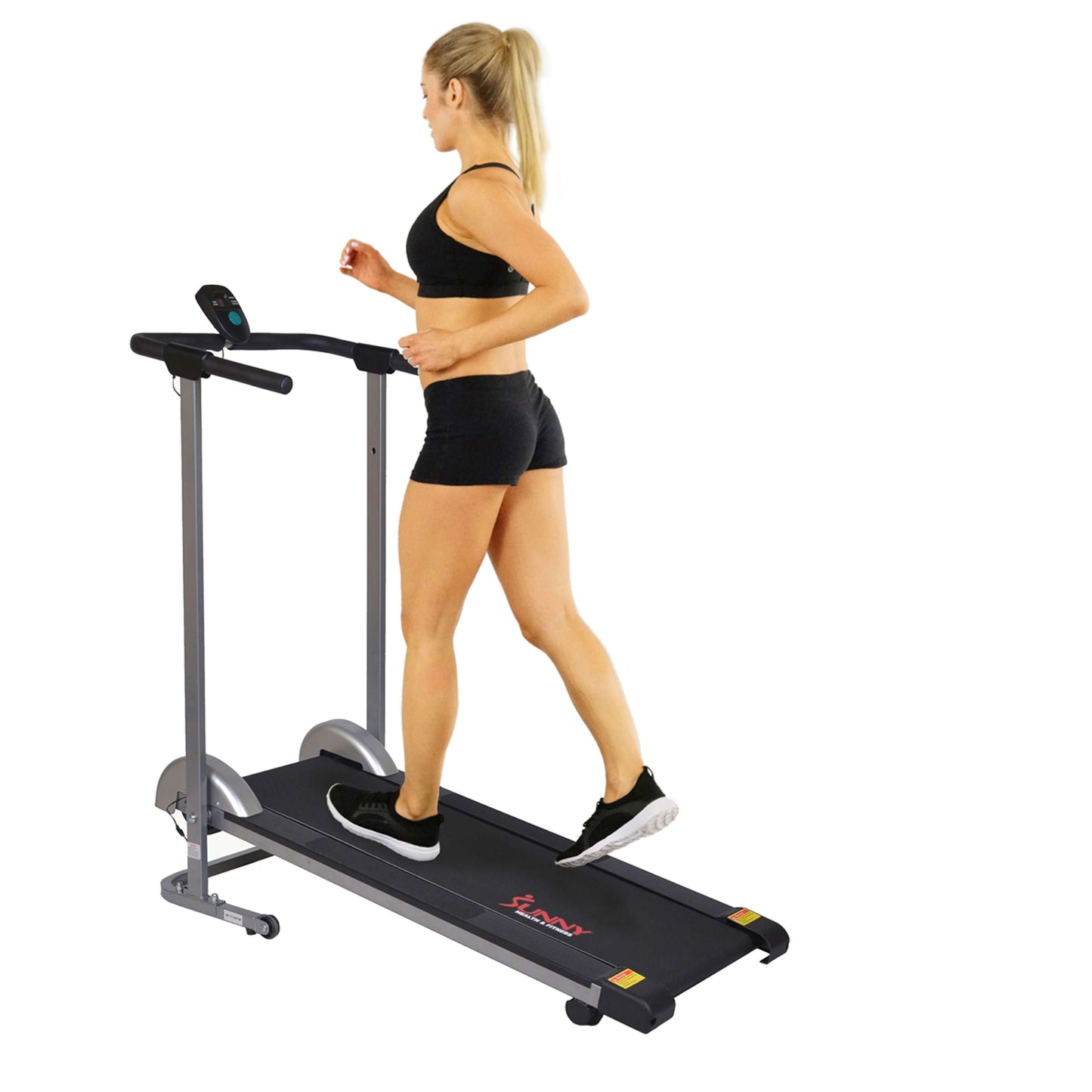 Sunny Health & Fitness Manual Walking Treadmill-side view with model