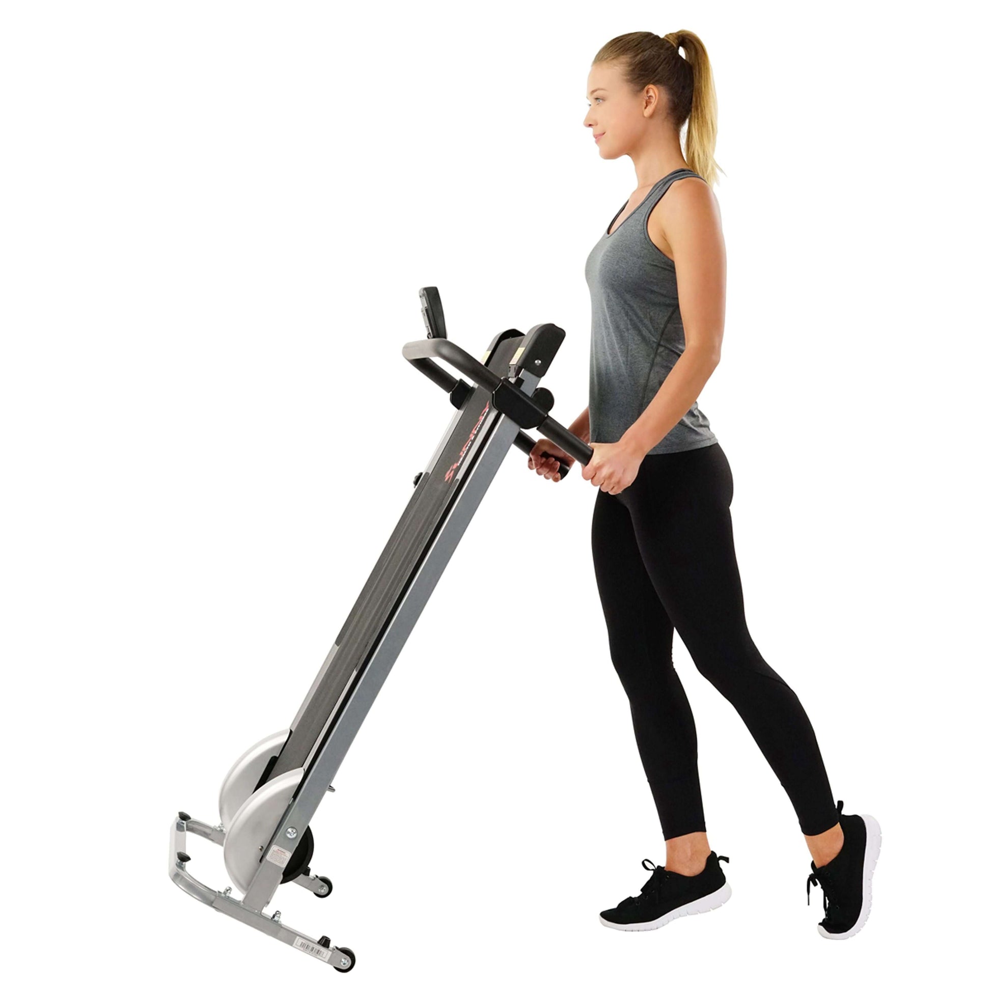 Sunny Health & Fitness Manual Walking Treadmill-view folded with model